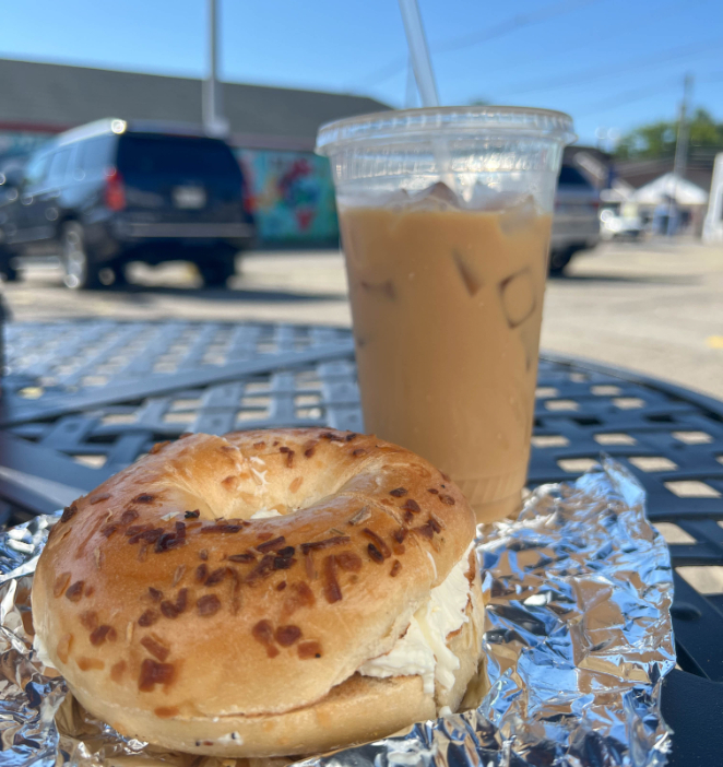 bagel and iced coffee