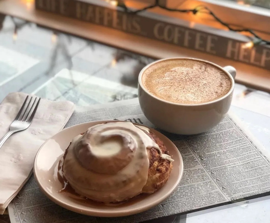 cinnamon roll and coffee